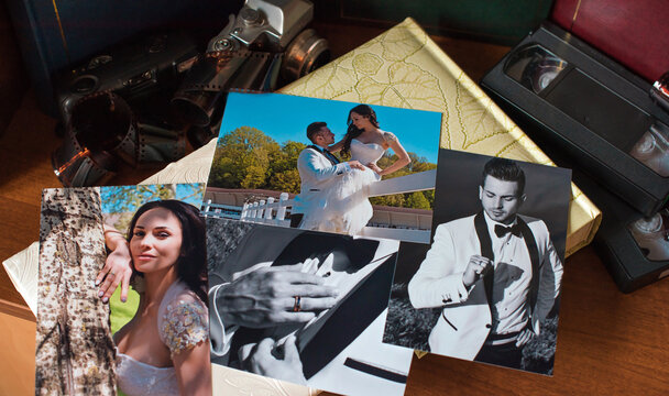 Wedding photo album, concept of old school style, scope of groom and bride. Nostalgia photos