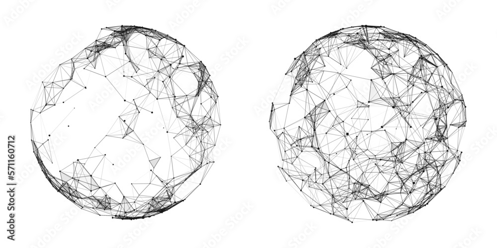 Poster set of abstract spheres from points and lines on a white background. network connection structure. b