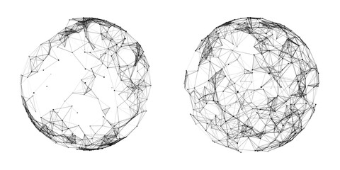 Set of abstract spheres from points and lines on a white background. Network connection structure. Big data visualization. Vector illustration.