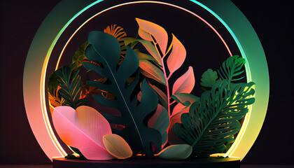 Podium with neon light and spring floral decorations, generated ai