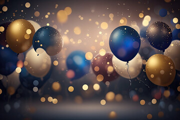 Realistic Festive background with golden and blue balloons falling confetti blurry background and a bokeh lights, generative AI picture.