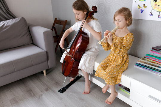 Sisters playing musical instruments at home