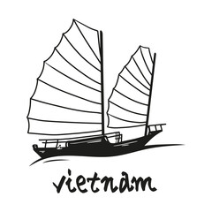 Vector design of ship, boat and vietnamese national sign. Logotype ink illustration eps 10