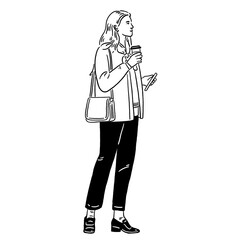 Woman drinking Coffee City People Casual lifestyle Hand drawn line art Illustration