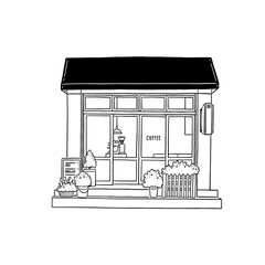 Coffee shop front with garden Cafe business Hand drawn line art illustration
