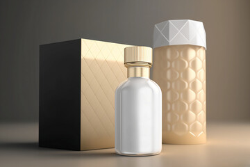 Skincare Glass Bottle Mockup PSD with Box Beauty Made with Generative AI