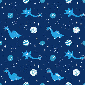 Dino in space seamless pattern. Cute dragon characters, dinosaur traveling galaxy with stars, planets. Kids cartoon vector background. Illustration of astronaut dragon, kids wrapping with cosmic dino © tanyabosyk