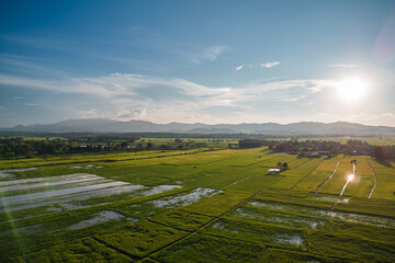 Aerial view of drone flying above rice field and farming in Chiang Rai province, Thailand - 571162395