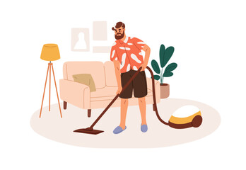 Mature man cleaning home. Person cleans carpet, floor with vacuum cleaner in living room interior. Male character during housework, housekeeping. Flat vector illustration isolated on white background