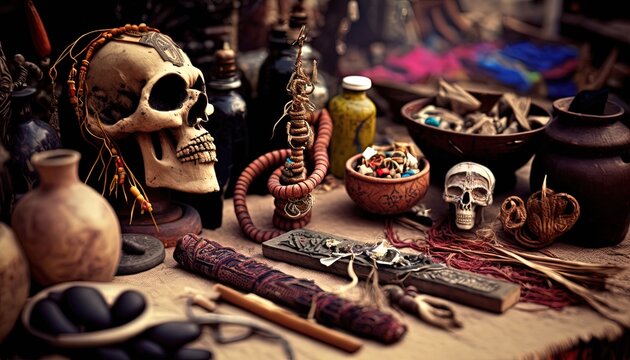 street stall sell Voodoo and witchcraft items, Generative Ai 