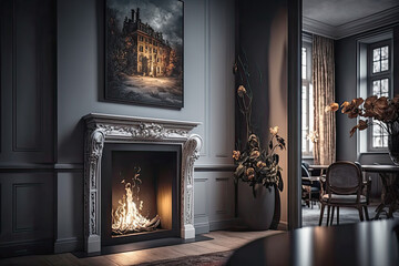 Stylish western room with fireplace, Generative AI