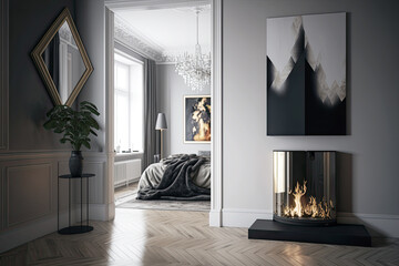 Stylish western room with fireplace, Generative AI