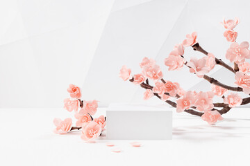 Romantic spring scene - white rectangle podium mockup, branch  pink sakura flowers in sunlight in...