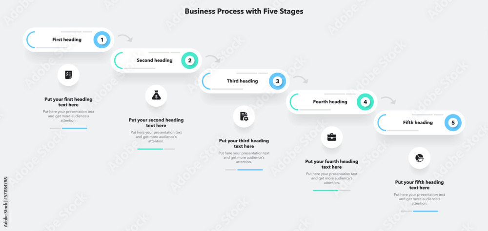 Poster Infographic for business process with five stages. Simple flat template for data visualization.