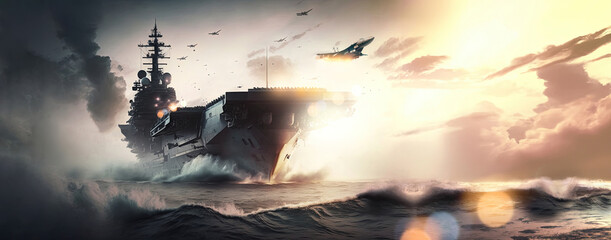 panoramic view of a generic military aircraft carrier ship with fighter jets take off during a special operation at a warzone, wide poster design with copy space area
