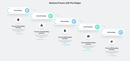 Infographic for business process with five stages. Simple flat template for data visualization.