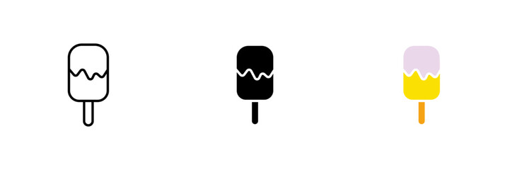 Ice cream icons set. Sweets, frozen juice, dairy products, ice cream cafe, icing. Vector set of icons in line, black and colorful styles isolated on white background.