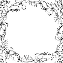 Obraz premium Hand drawn vector ink orchid flowers and branches, monochrome, detailed outline. Circle wreath composition. Isolated on white background. Design for wall art, wedding, print, tattoo, cover, card.