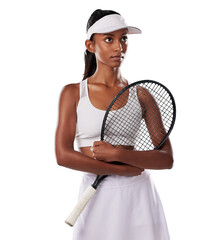 Thinking tennis player, fitness athlete and active woman ready for training with racket in cool fashion and sports uniform. Healthy and serious young female tennis player isolated on a png background. © peopleimages.com