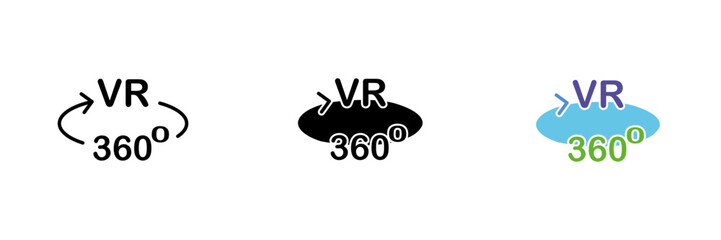 360 degrees vr icon. 360 degree video, virtual reality helmet, field of view. Vector set of icons in linear, black and red styles isolated on a white background.