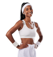 Happy, confident tennis player in sports uniform while ready to play with a positive attitude. Fit and sporty female standing against a studio background with copy space isolated on a png background. © peopleimages.com