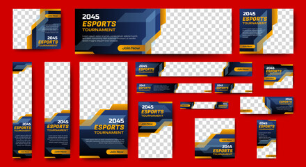 Esports Tournament Banner templates with standard size and place for photos. Online games advertising layout. Vertical, horizontal and square template