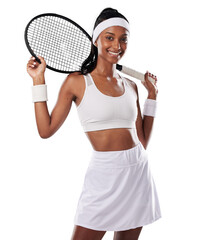 Female tennis player posing with racket, getting ready for competitive match and looking sporty. Active, fit and happy professional sports person isolated on a png background.