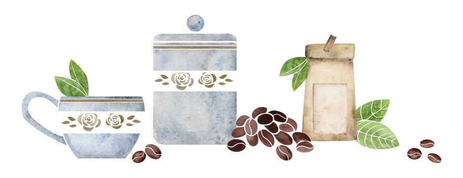 Watercolor hand drawn composition with porcelain and gold coffee cups, beans, jars, bags, leaves Isolated on white background. For invitations, cafe, restaurant food menu, print, website, cards