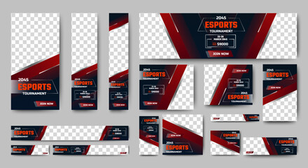 Esports Tournament Banner templates with standard size and place for photos. Online games advertising layout. Vertical, horizontal and square template