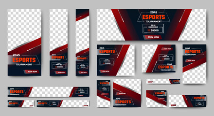 Esports Tournament Banner templates with standard size and place for photos. Online games advertising layout. Vertical, horizontal and square template © ahmad