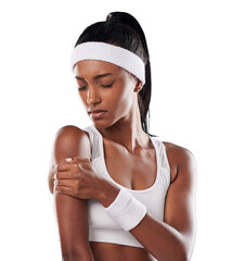 A female tennis player with a sports injury, hurt or pain in her arm after practice sessions. A...