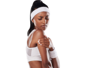 A female tennis player suffering with sore muscles after a ball game at the court. A close up of a tennis player with a painful shoulders after sport training or match isolated on a png background.