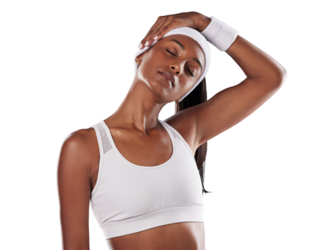 A beautiful sports woman in sports wear stretching her neck. Fit athlete or trainer, a girl with a healthy lifestyle, in performance gear, and ready for training session isolated on a png background.