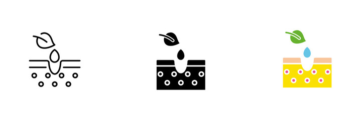 Skin icon with leaves. Dermatology, collagen, hydration, moisturizing, korean cosmetics. Vector set of icons in line, black and red styles isolated on white background.