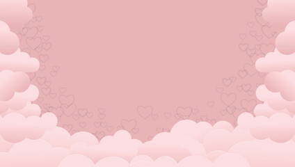 vector postcard with clouds and flying hearts. illustration of a banner with clouds in several layers on a pink background