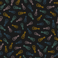 Seamless pattern with colorful ukulele and black background