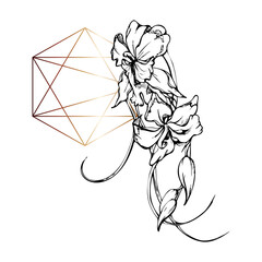 Obraz premium Hand drawn vector ink orchid flowers and branches, monochrome, detailed outline. Composition with crystal form. Isolated on white background. Design for wall art, wedding, print, tattoo, cover, card.