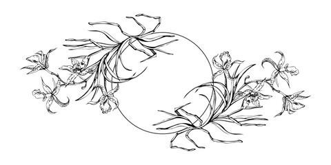 Hand drawn vector ink orchid flowers and branches, monochrome, detailed outline. Circle wreath composition. Isolated on white background. Design for wall art, wedding, print, tattoo, cover, card.