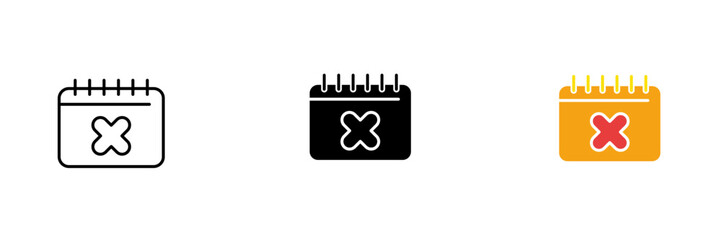 Calendar with a cross on it. Holidays, important days, scheduling, weekends, weekly. Vector set of icons in line, black and red styles isolated on white background.