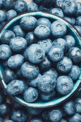 Blueberries in a ceramic bowl and lots of berries around. Blue background.