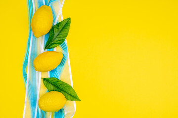 Ripe lemons and white and blue ribbons on a yellow background as a symbol of Sukkot