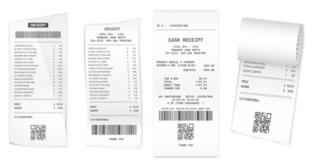 set of realistic cash register sales receipt isolated or cash receipt printed white paper or printout thermal rolled paper - obrazy, fototapety, plakaty
