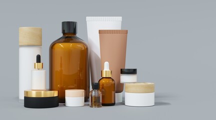 Skincare and beauty products on gray studio background 3D render