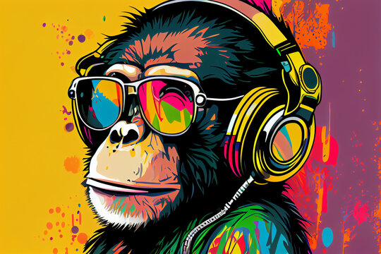 Cool Monkey Pop Art Stock Photo: Sunglasses, Headphones, Music, DJ, Sound
