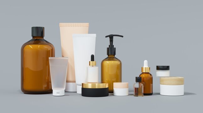 Skincare and beauty products on gray studio background 3D render