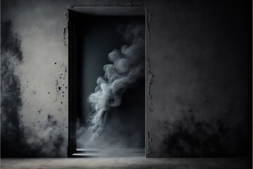 Empty dark abstract cement wall and studio room with smoke float up the interior texture for display products wall background