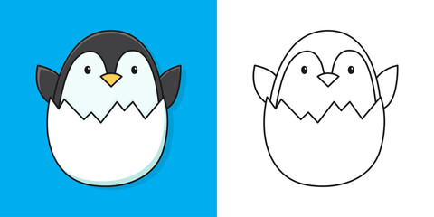 Outline illustration of a cute Penguin peeking out of an egg. Vector childrens coloring book