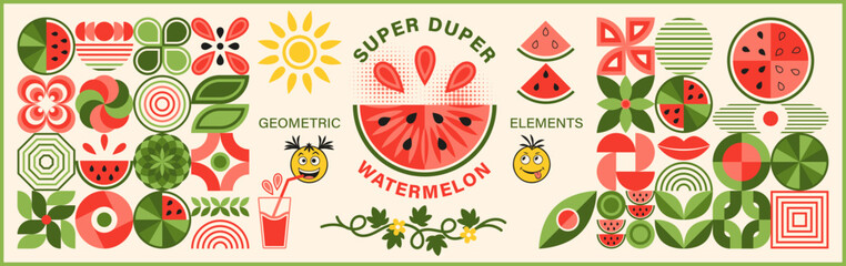 Set of design elements, logo with watermelon in simple geometric style. Abstract shapes. Good for branding, decoration of food package, cover design, decorative print, background.