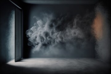 Empty dark abstract cement wall and studio room with smoke float up interior texture for display products wall background