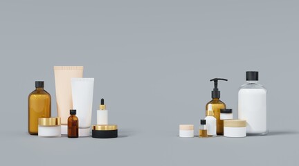 Skincare and beauty products on gray studio background 3D render